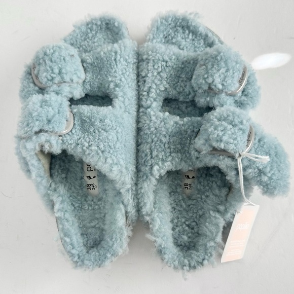 NWT Birkenstock Papillio Arizona Big Buckle Shearling fuzzy sandal blue 38/7 - Picture 6 of 16